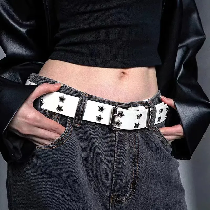 Y2K Punk Rivet PU Leather Belts Women Men Star Black White Waist Strap Double Row Hollow Trendy Waistband Jeans Skirt Decoration