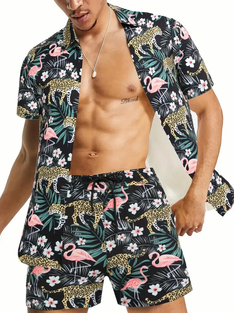 Conjuntos de camisa de praia manga curta masculina, conjuntos casuais de férias, camisetas estampadas moda verão