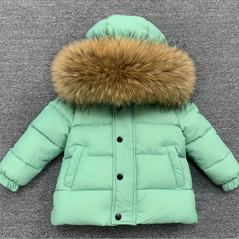 

New Winter Children Jackets Boys Girls Baby Real Raccoon Fur Collar Short Style Snowsuits Thickened Kids's Down Coat