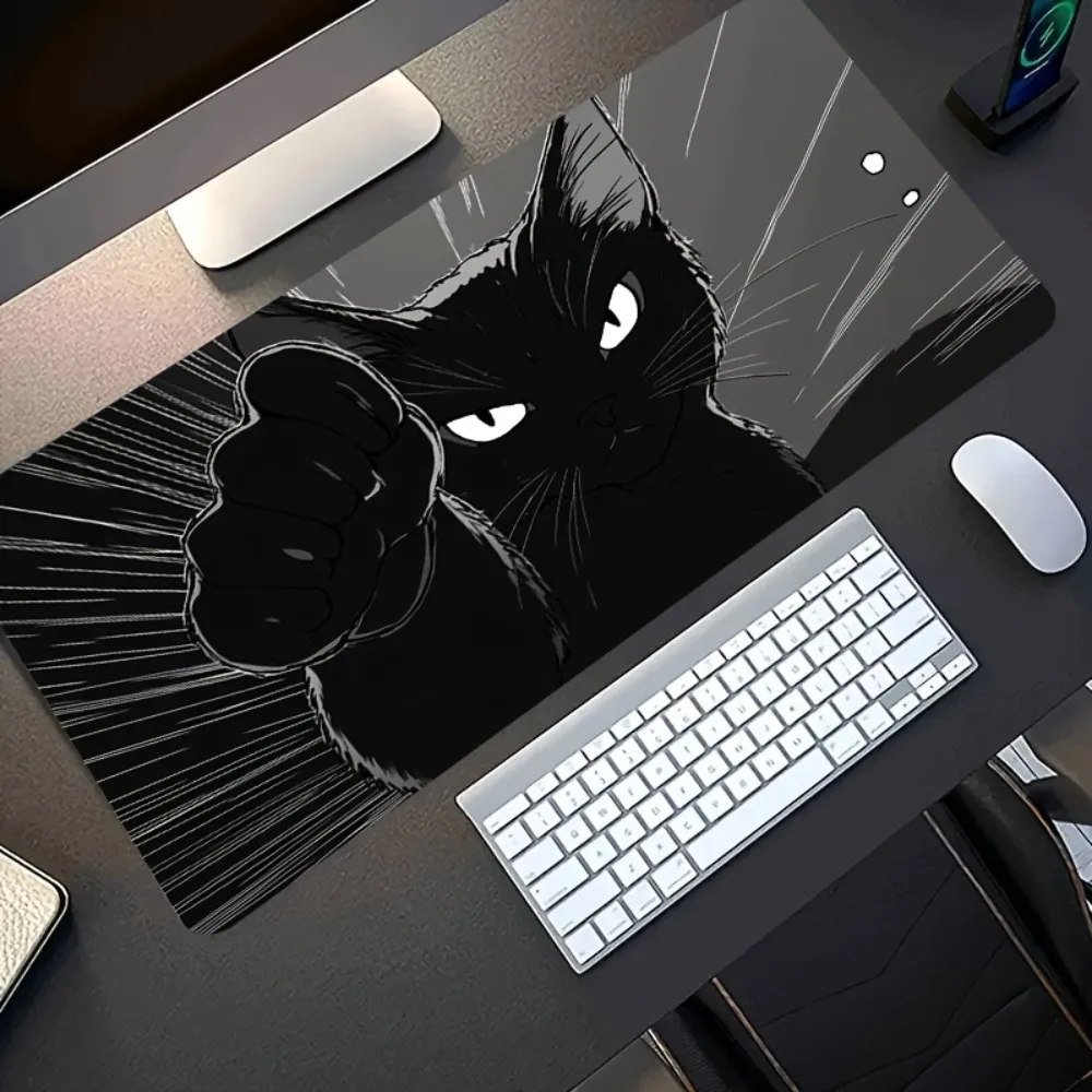 

Black and white game mouse pad with funny boxing cat pattern, anti-slip and washable rubber, large-sized office desk accessory