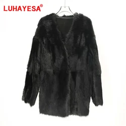 2024 Spagna Toscana Pelliccia di pecora Shearling Abbigliamento Donna Nero Scollo a V Cappotto di pelliccia caldo invernale medio lungo