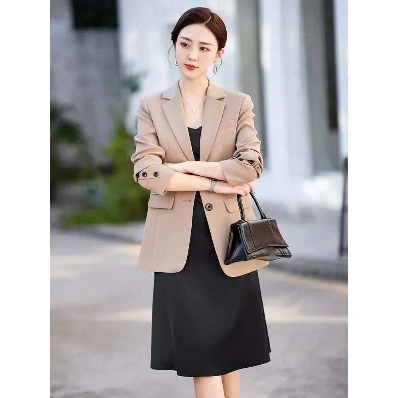 Gray Khaki Black Ladies Blazer Women Solid Slim Jacket Female Long Sleeve Single Button Casual Coat