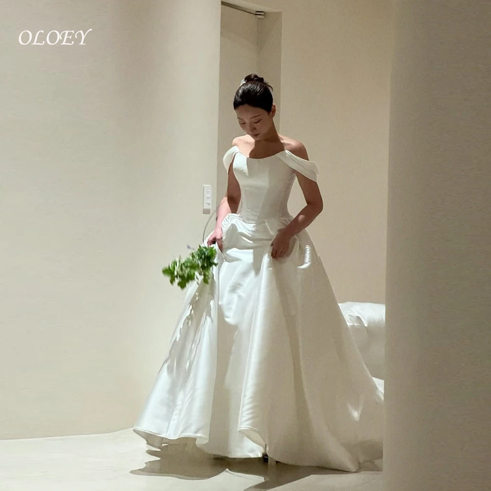

OLOEY Sweetheart Korea Wedding Dresses Off Shoulder Silk Satin Photo Shoot Long Bridal Gowns 웨딩드레스 Corsets Back Customize
