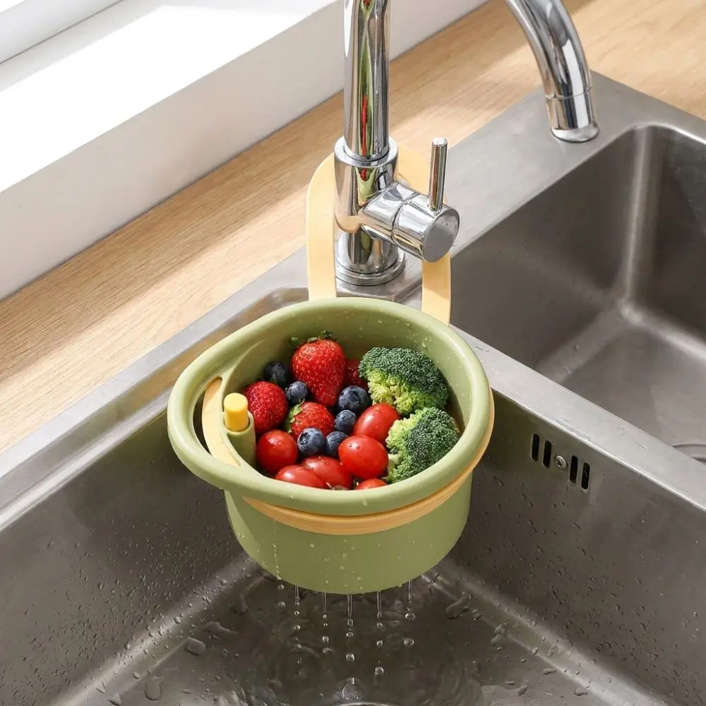 Hanging Sink Strainer Basket Detachable Plastic Food Garbage Filter Quickly Drain Press-Type Bottom Release Fruit Washing Basin
