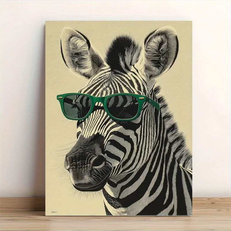 

Zebra with Green Sunglasses Canvas Print – Animal Portrait Art, Minimalist Wildlife Design, Frameless, for Home Office Decor