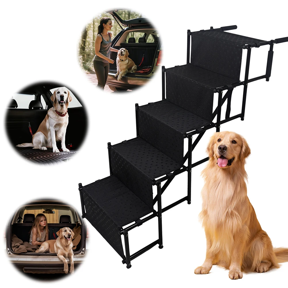 

5 Steps Car Dog Stairs Support Up To 150 Lbs Foldable Dog Ramp Ladder with Nonslip Surface Large Dog Step for Cars and SUV Truck