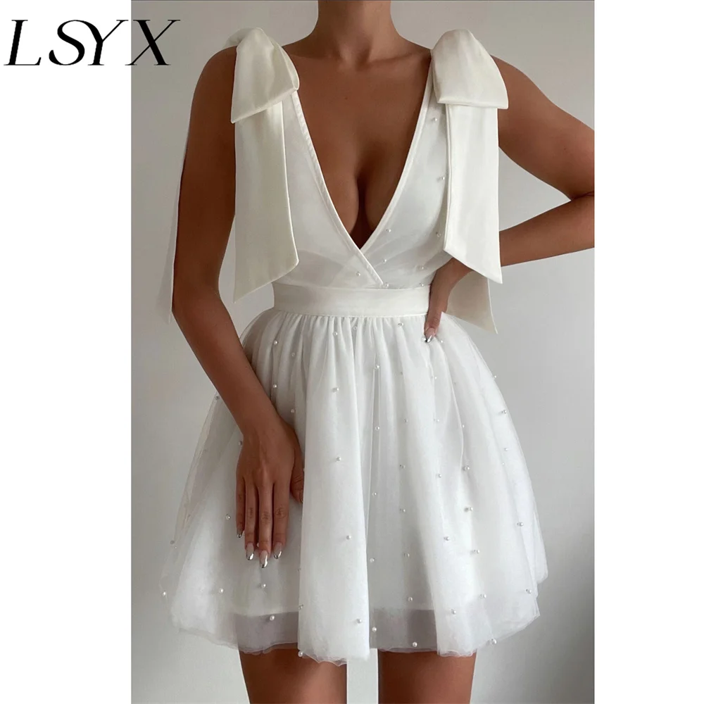 LSYX V-Neck Sleeveless Bow Straps Beaded Tulle Mini Wedding Dress For Women 2023 A-Line Above Knee Short Bridal Gown Custom Made