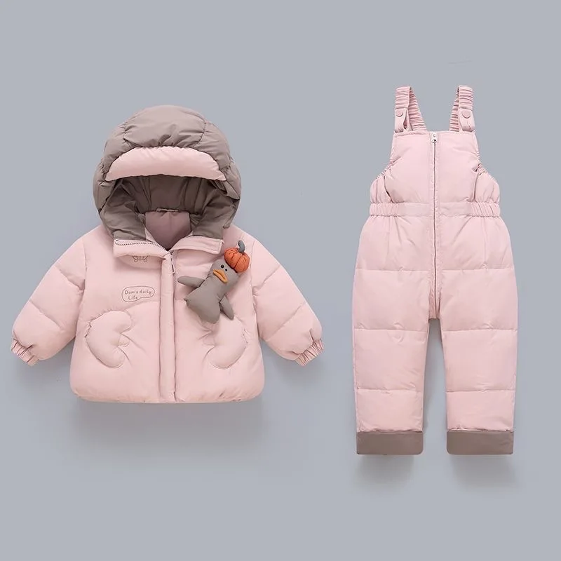 2026 Winter Kids Girls Duck Down Jackets+pant Outfits Hooded Babys Girls Thicken Warm Coats Overalls 2Pcs Set 1-4Y Girl Ski Suit