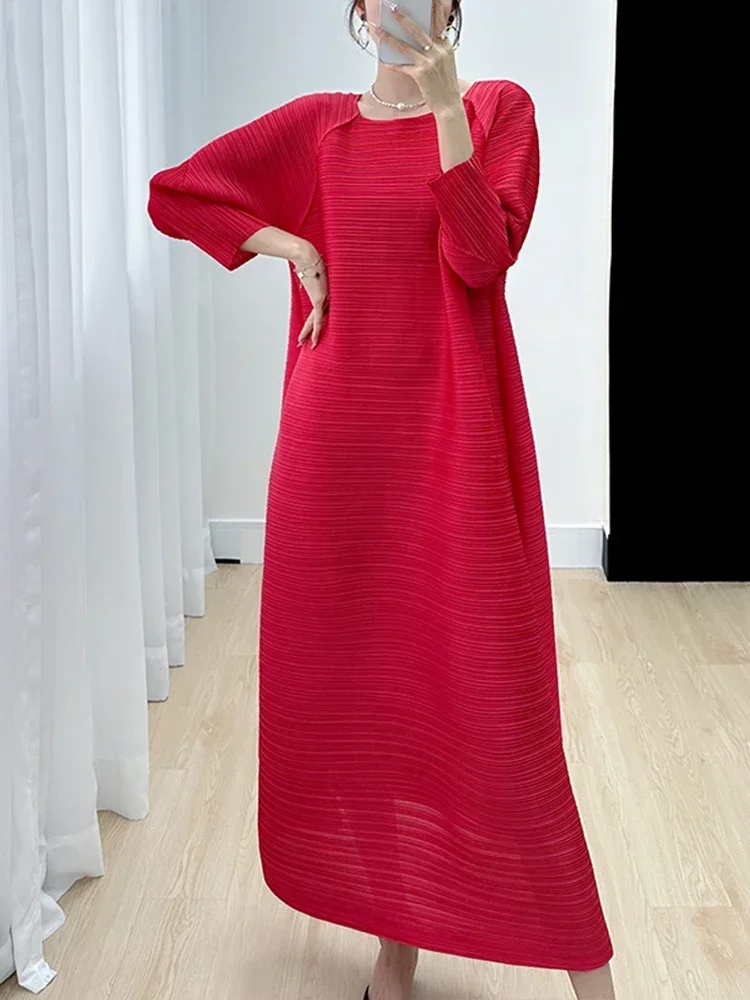 ALSEY Miyake-vestido plisado de manga larga para mujer, elegante vestido de fiesta, moda coreana, Simple, talla grande, primavera y verano, 2024