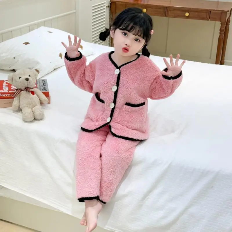 

Фланелевой комплект из двух предметов для девочек, пижамы, детские осенне-зимние утепленные топы, брюки, детская кавайная модная новая стильная повседневная домашняя одежда