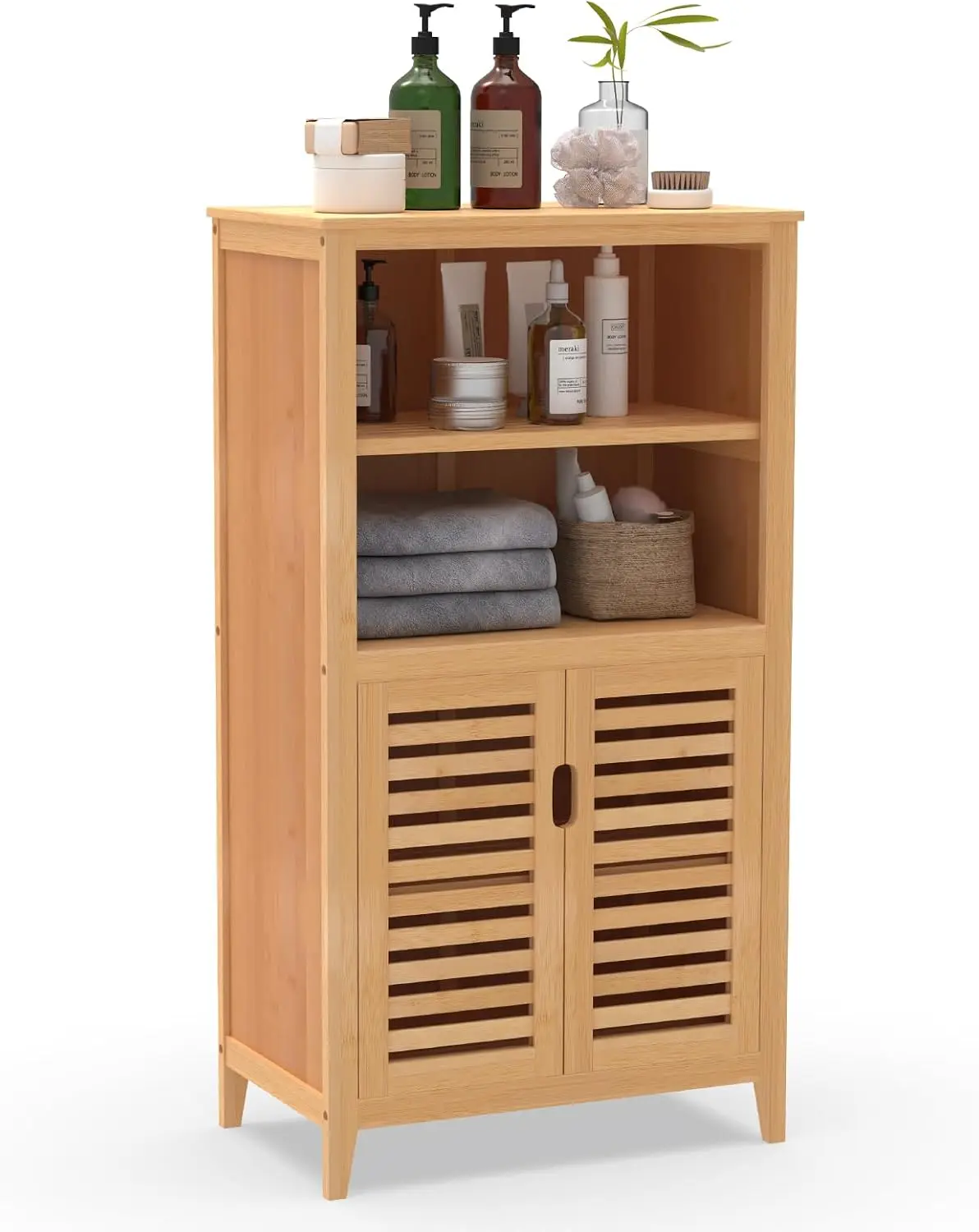 

Cabinet with 2 Doors and 2 Tier Shelves, Bathroom Floor Freestanding Cabinets Storage Organizer for Living Room