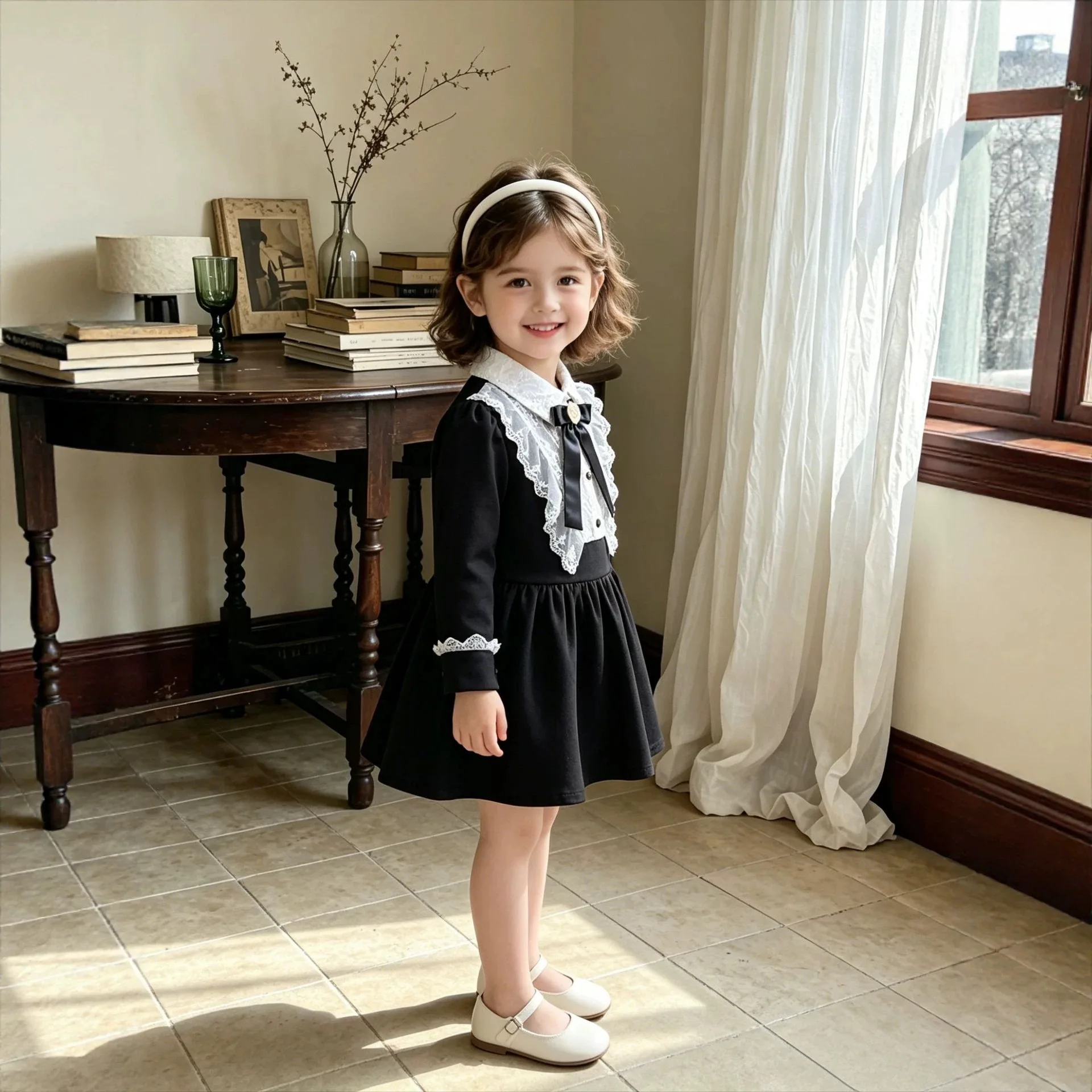 2026 Autumn New Girls Hepburn-Inspired Long-Sleeve Princess Dress with Lace and Bowknot, Vintage Style, Wholesale Available