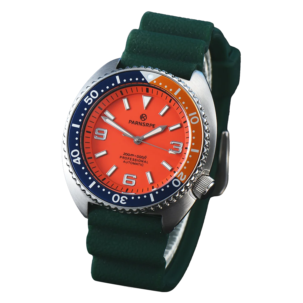 Parnsrpe - 45mm Orange Big Abalone Brushed Stainless Steel Men\'s Watch NH35 Sapphire Waterproof Case Green Lightweight Strap