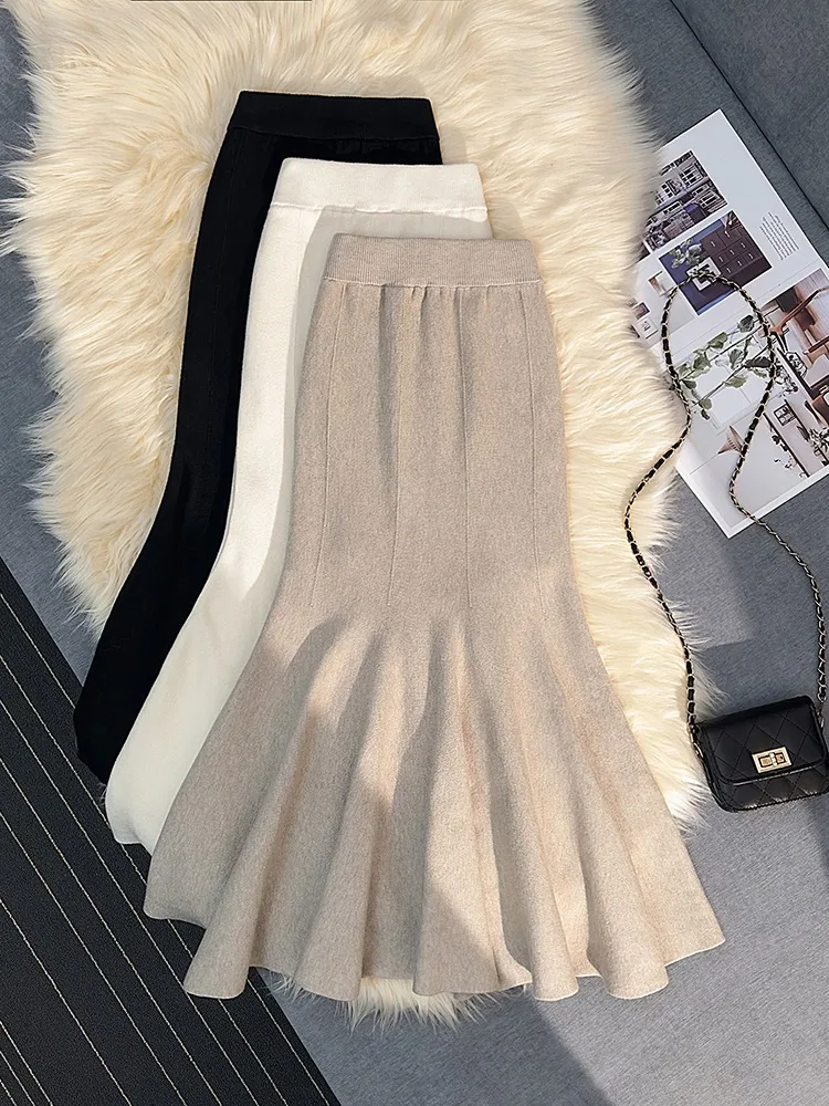 Olive een Camere Dzianinowa Spódnica Damska Jesień Zima Piękna Spódnica w Kształcie Litery A Dopasowana Spódnica z Trenem Słodka Elegancka Spódnica z Wysokim Stanem...