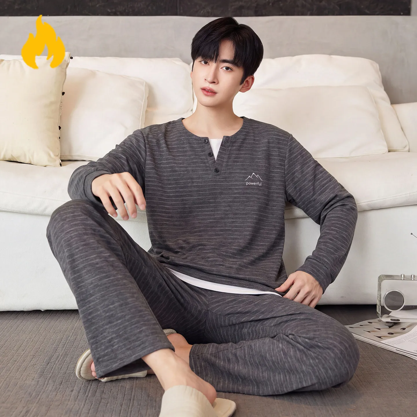 Men's Thin Fleece Long Sleeved Winter Autumn Plus Size Men's Sleepwear Teenage Home Suit Set for Warmth pyjama homme Dropship
