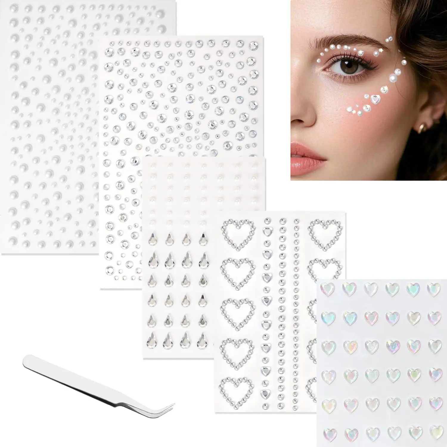 Heart Pearl Face Eye Gem Stickers Self-Adhesive Hair Jewels Sparkly Face Jewels for Makeup Festival Stick on Gems Pearl Stickers