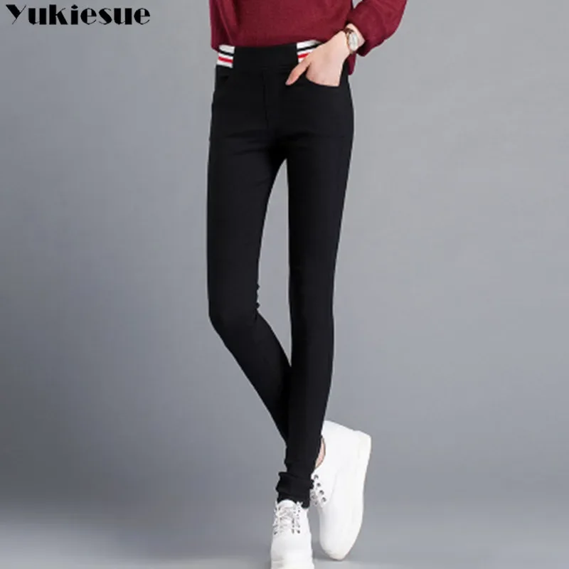 Leggings de inverno de pelúcia e espessadas para mulheres, calças elásticas de cintura alta com calças lápis