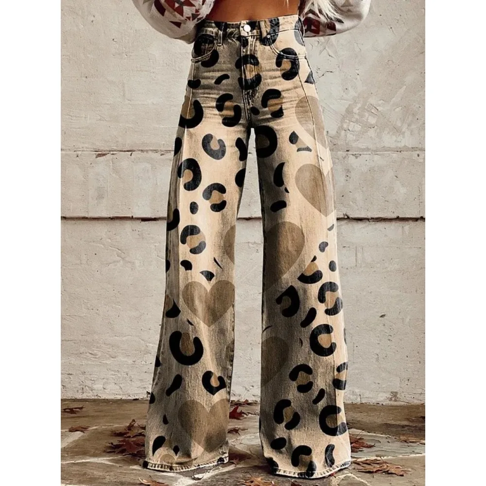 Vintage Leopard Print Wide Leg Trousers 100% Cotton High Waist Loose Fit Casual Palazzo Pants Summer Vacation Streetwear Pants