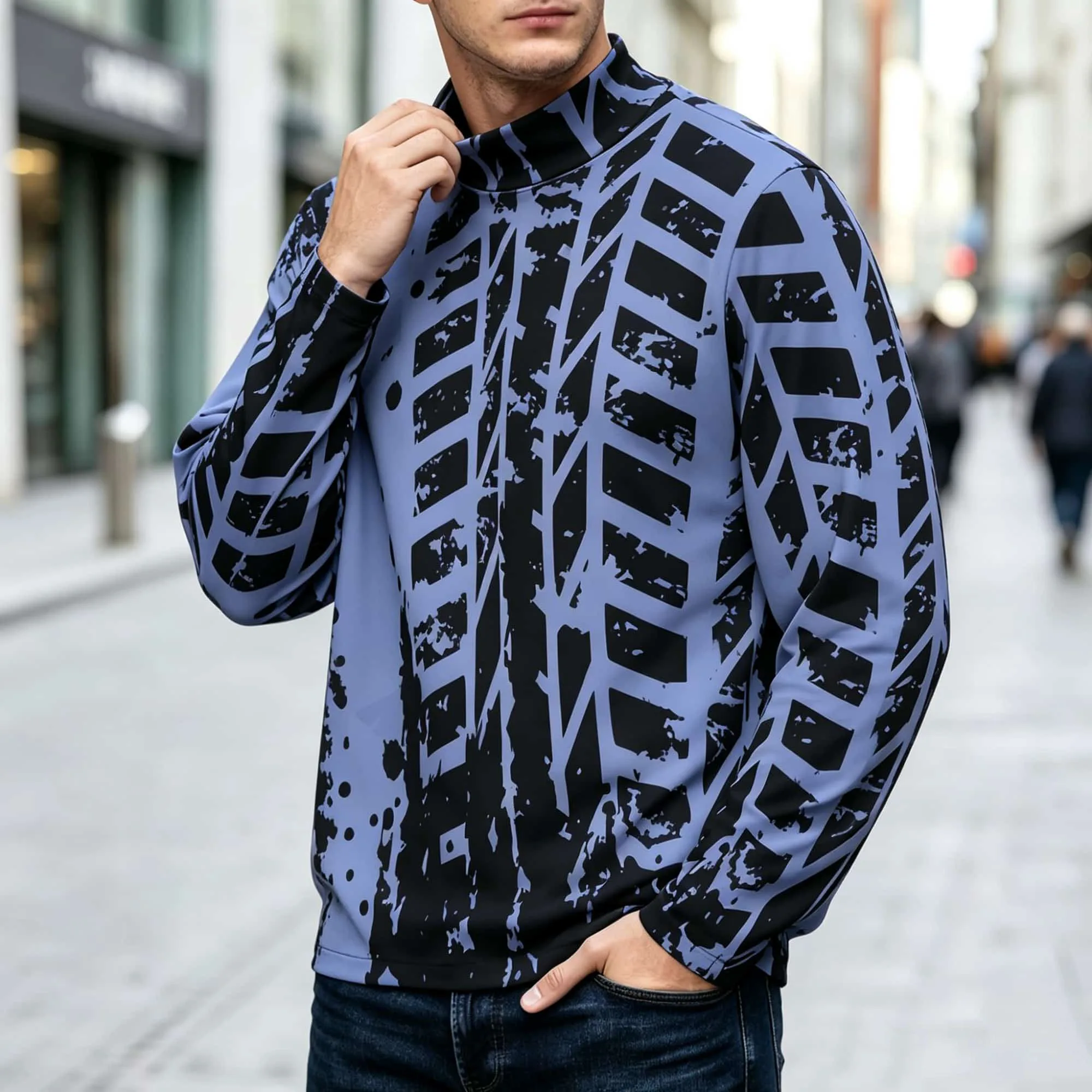 Light Blue Ink Splash Tire Track Graffiti Long Sleeve Mock Neck Shirt Street Casual Breathable Men