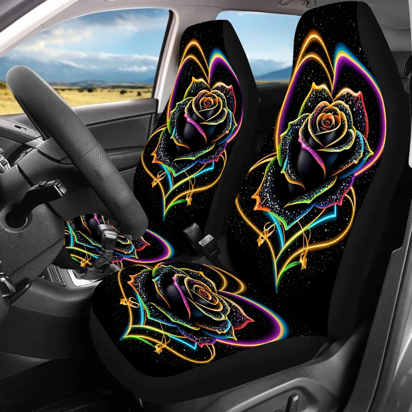 

2pcs Vibrant Rose Print Car Seat Covers - Universal Fit For Cars, SUVs, Sedans, Trucks - Colorful Floral Design With Black Backg