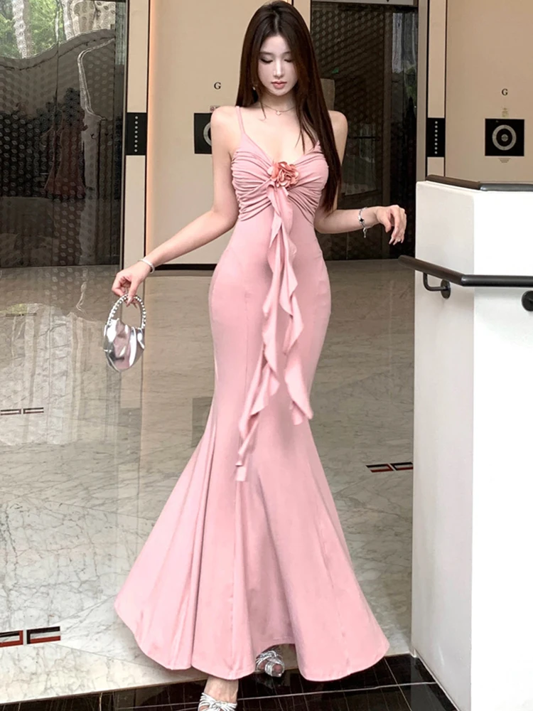 

Women Pink Pleated Bodycon Ruffled Mermaid Dress Summer Elegant Chic Sling Sexy Long Dress 2025 Korean Vintage Luxury Prom Dress
