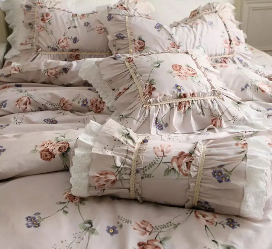 Imagem -05 - Conjunto de Cama Floral Vintage em Renda Colcha de Algodão Fronha de Colcha Romântica Completa Rainha Rei Francês Têxtil Doméstico Casa