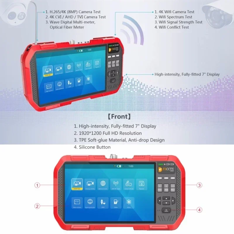 IP H.265 4K HD 7 Inch CCTV Tester Monitor 5 in1 AHD CVI TVI CVBS 8MP Camera Testing Multimeter+Optical Fiber Power Meter