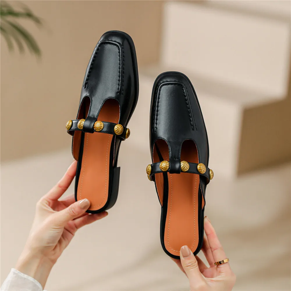 MILI-MIYA Fashion Full Genuine Leather Mules Thick Heels Women Round Toe Pumps Slip On Metal Rivets Big Size 34-40 Handmade