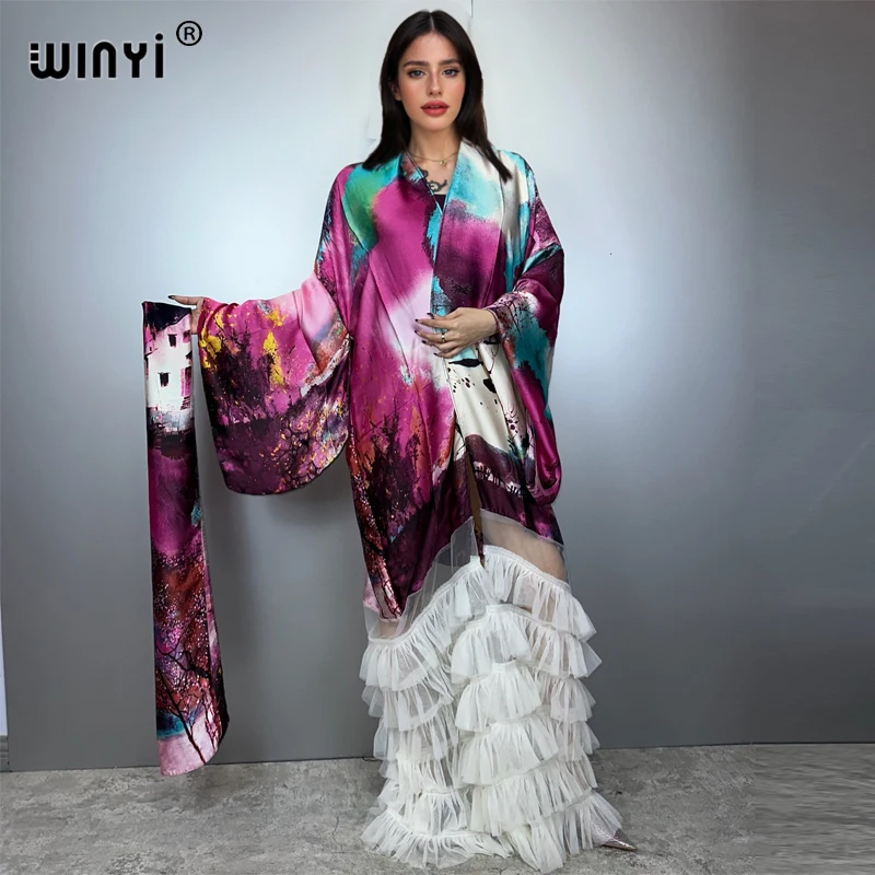 

WINYI Catwalk Kimono Women Printed bubble hem coat Long Sleeve Cardigan abaya dubai luxury beachwear Cover Up boho dress kaftan