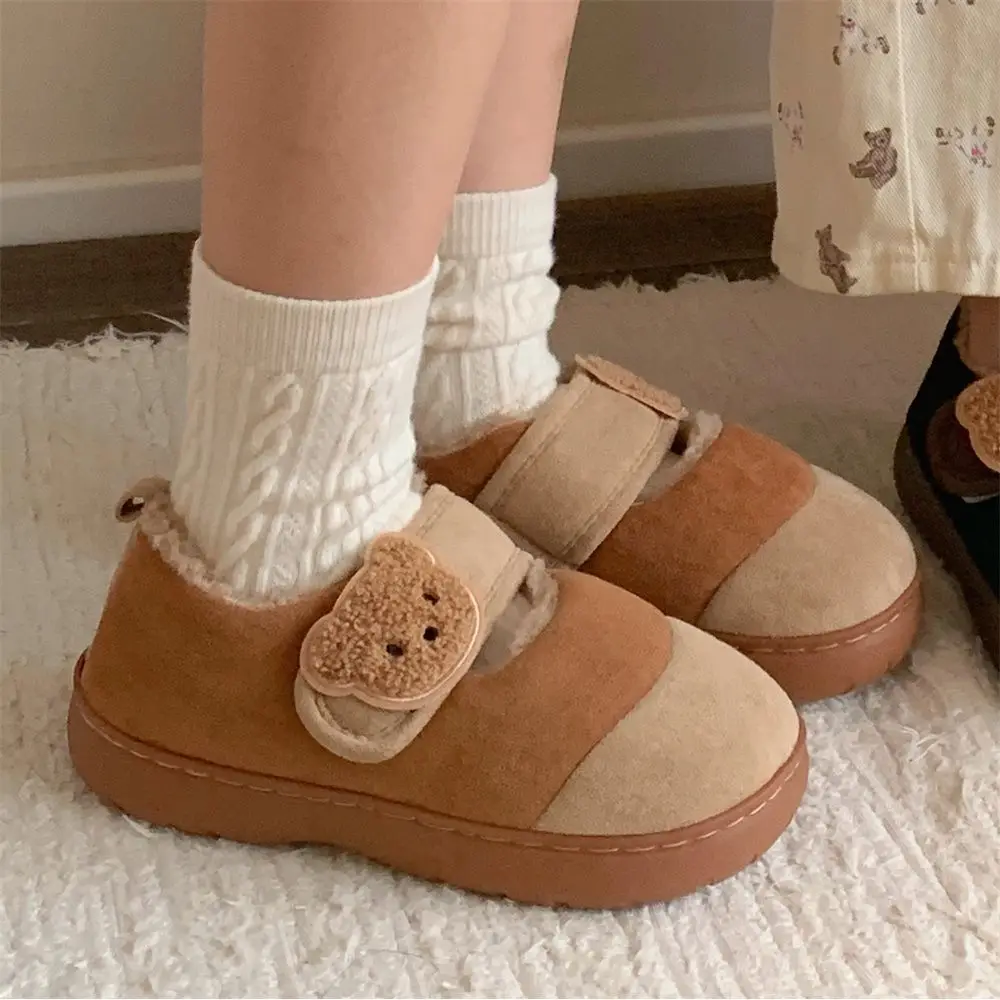 

Cute Bear Cartoon Fun Outer Women Casual Warm Fleece Cotton Shoes Parent-child Velcro Cute Soft