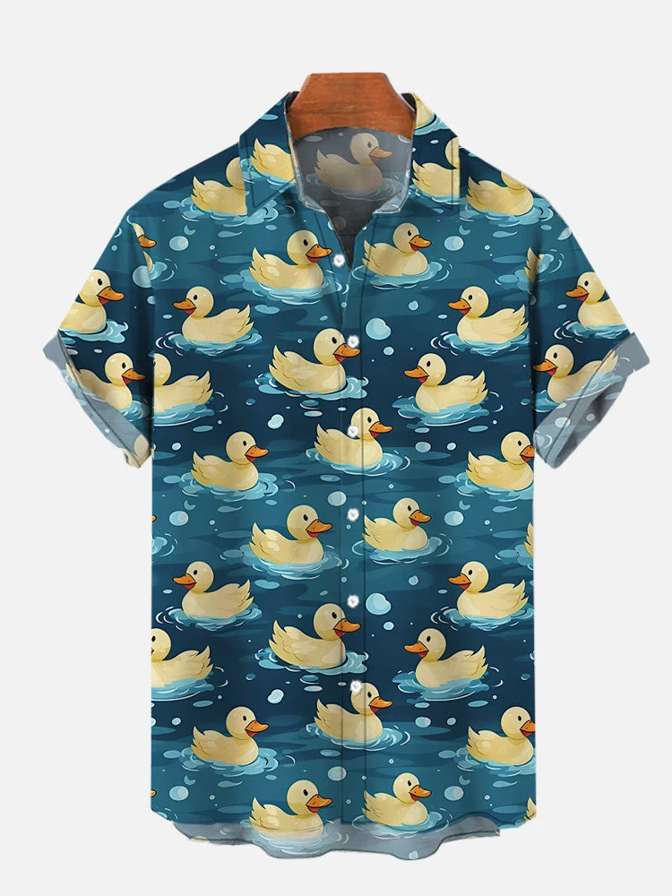 

3D Prints Splicing Cartoon Cute Duck Printing Beach Shirts For Men Short Sleeve Button Hawaiian Shirts Men's Holiday Shirt