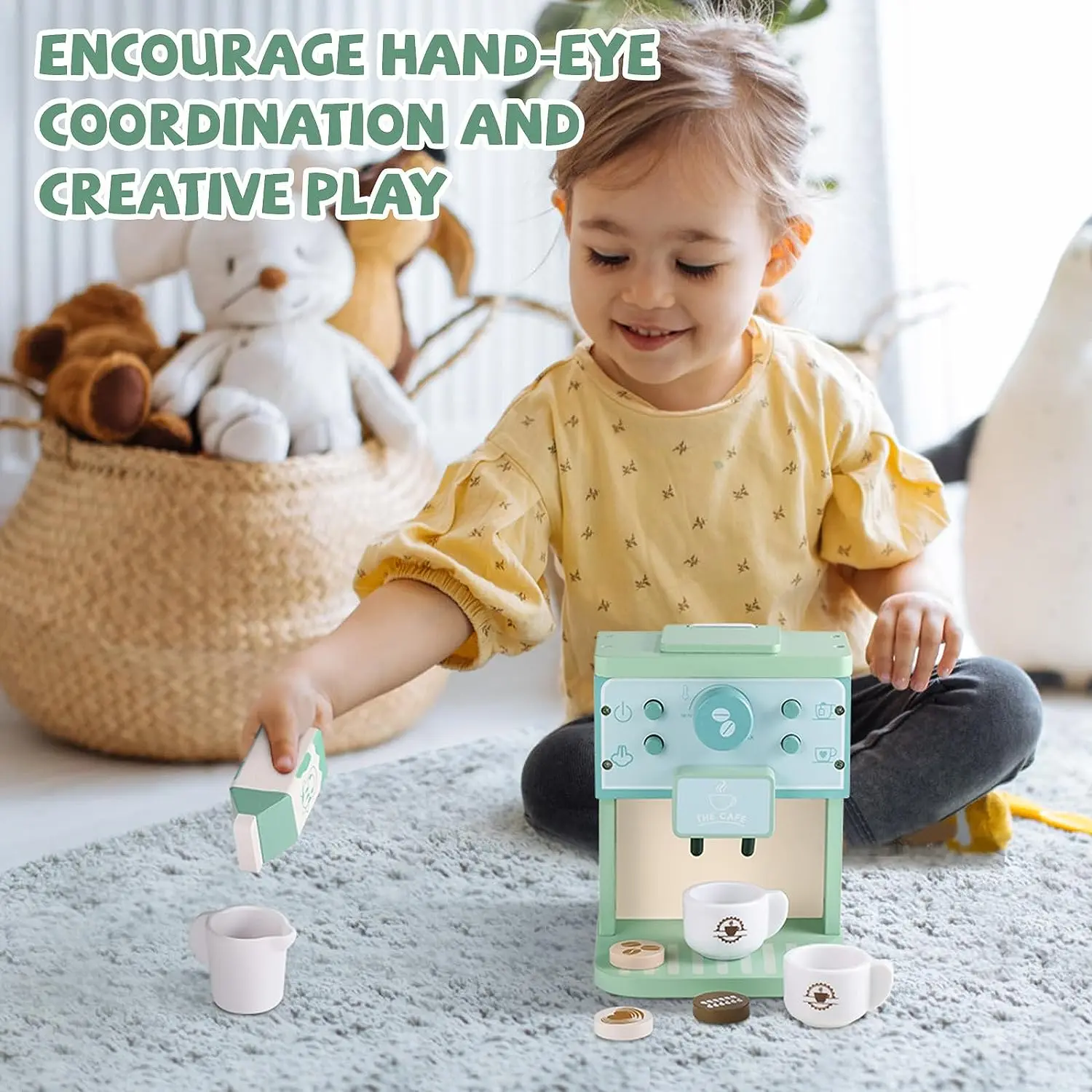 ألعاب المطبخ المحاكاة لبيت اللعب الخشبي للأطفال الصغار، ملحقات صانع القهوة لمحاكاة مونتيسوري لعبة مجموعة ألعاب المطبخ