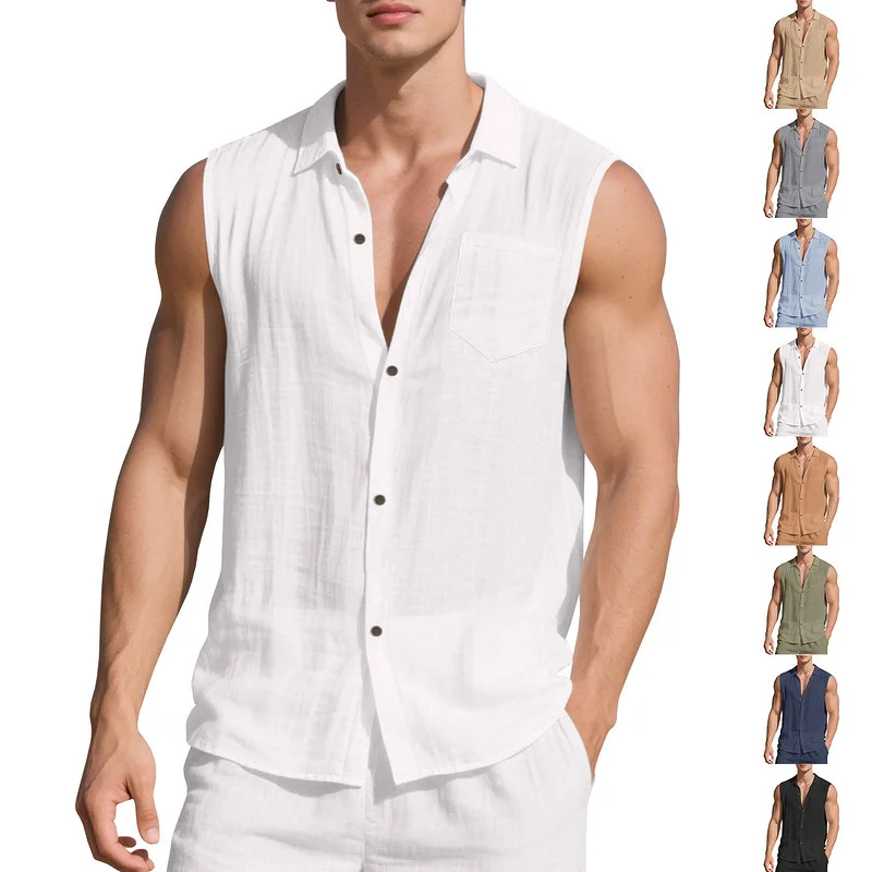 

European and American fashion lapel men's summer new products loose linen simple casual sleeveless cardigan beach shirt