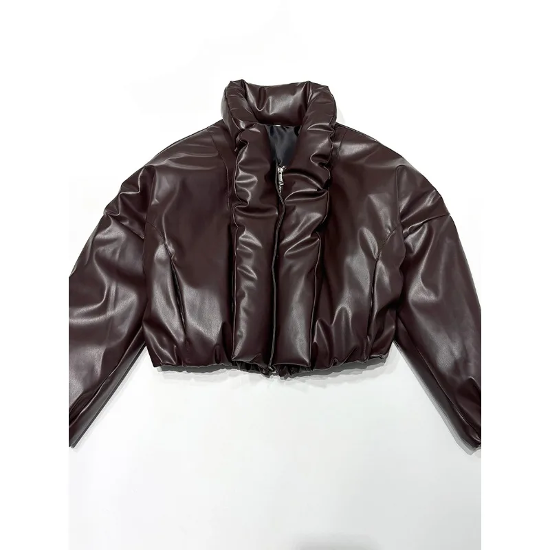 [YOZOU] Winter Loose Brown PU Faux Leather Padded Luxury Padding Zipper Coat Short Bomber Jacket Women Outerwear Stylish Korean