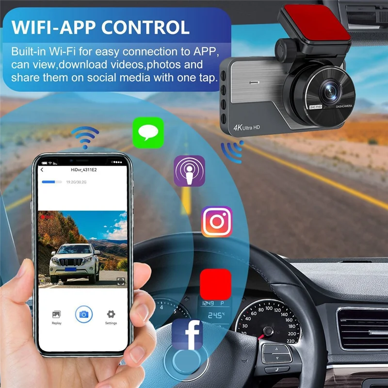 -BOFF كاميرا أمامية وخلفية للسيارة كاميرا مسجل فيديو للسيارة مدمجة في كاميرا واي فاي، رؤية ليلية 170 ° زاوية واسعة، WDR، 24H بارك