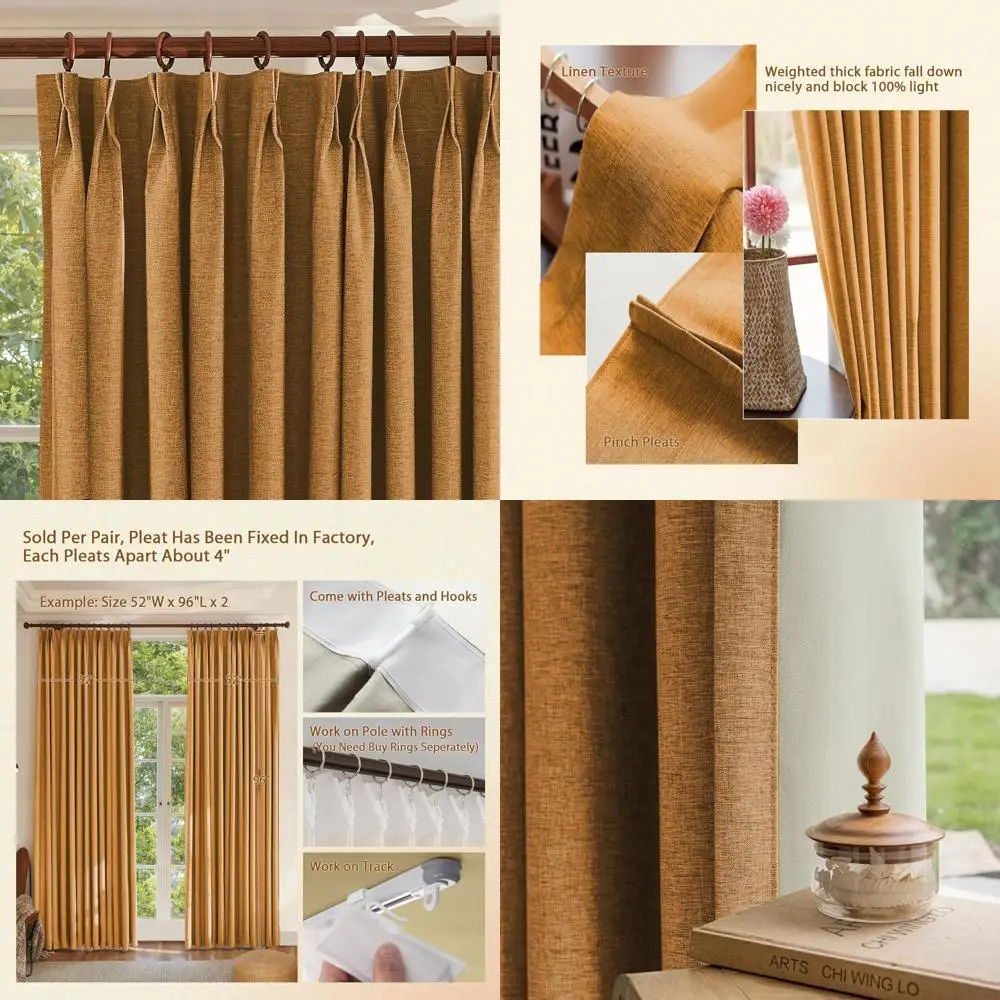 Blackout Curtains for Bedrooms and Living Rooms: 120 Long, 100% Textured Linen Pencil Pleated, Energy Efficient, Blackout Insula