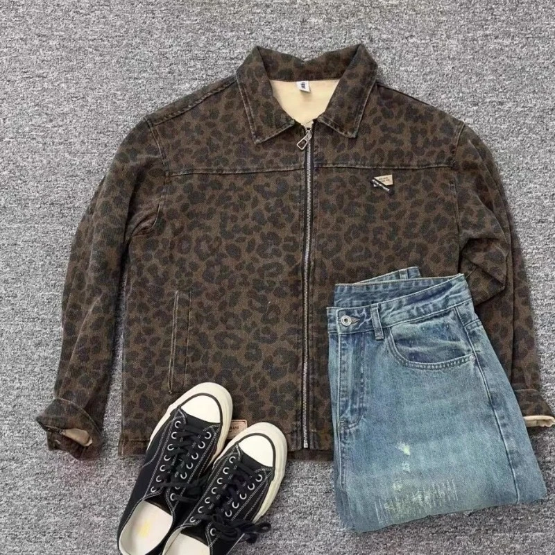 

American retro couple leopard print denim Korean boyfriend loose jacket top baseball jacket motorcycle jacket streetwear