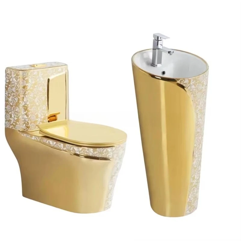 

Porcelain gold integrated flush toilet luxury bathroom gold toilet set with wash basin