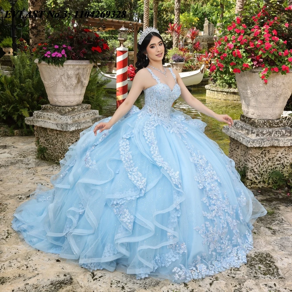 EVLAST Personalizado México Rosa Quinceanera Vestido de Baile Vestido de Renda Applique Frisado Espartilho Babados Doce 16 Vestido De 15 Anos E3Q259