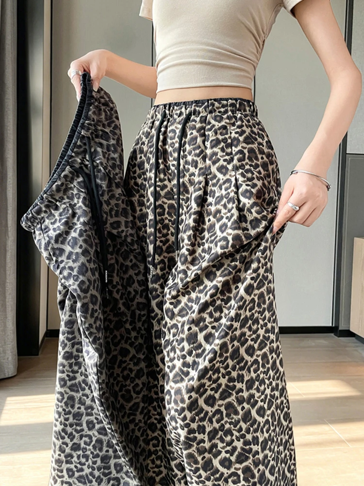 Vintage Leopard Pants Women Y2K Streetwear High Waist Loose Wide Leg Trouser Summer Retro Casual Lace Up Hottie Baggy Pants New