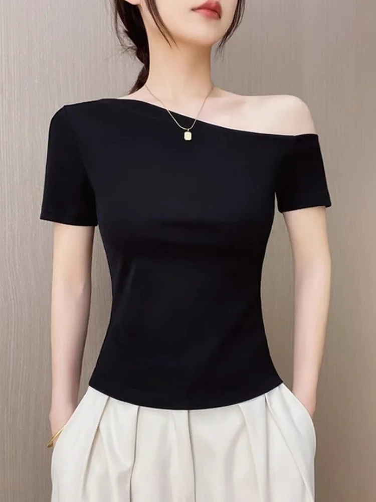 Slim Fit Short Sleeve T-Shirt Women's 95 Cotton Side Shoulder Summer New Style plus Size Flattering Body Shaping Top