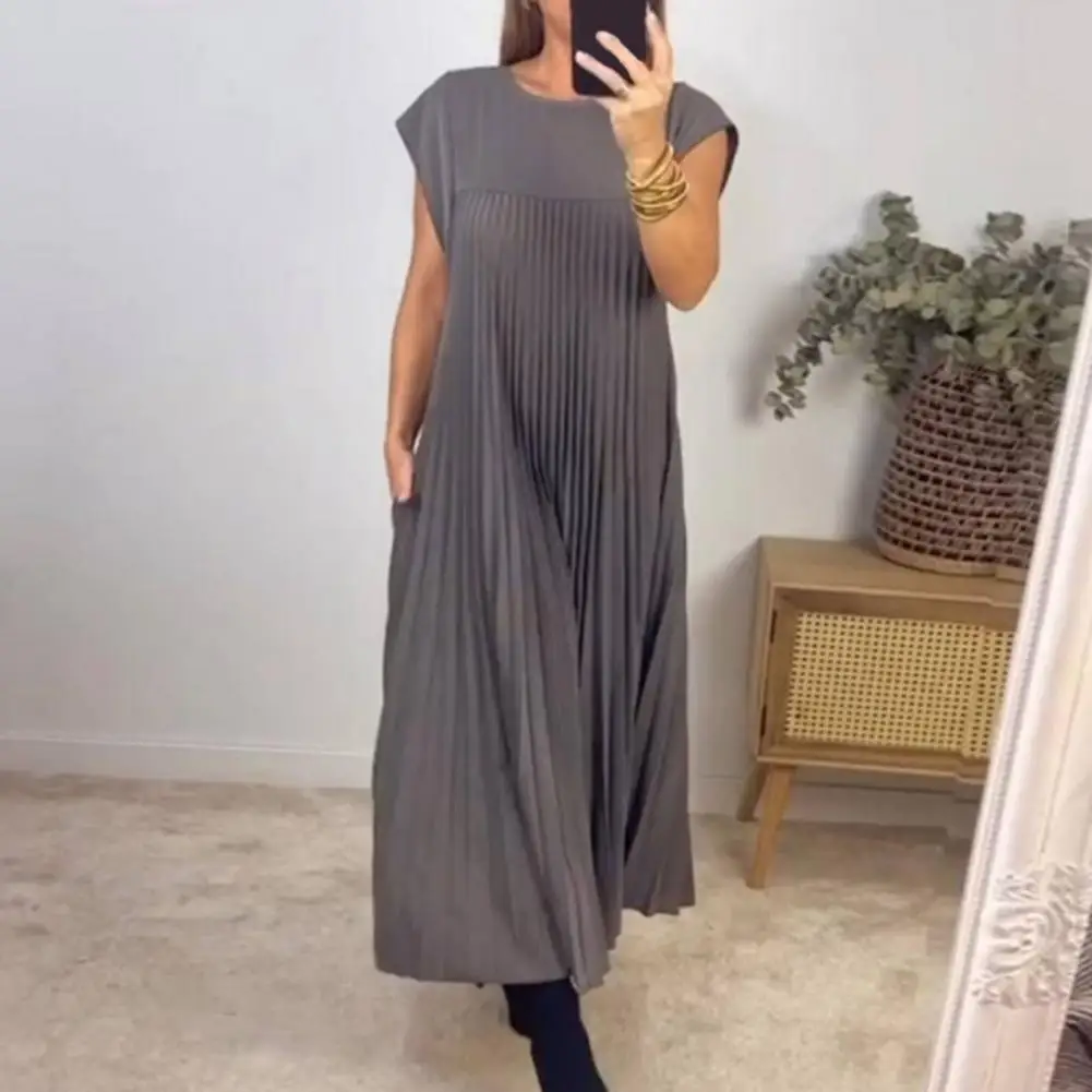 

Women Dress Elegant Pleated Midi Dress For Women A-line Summer Dress With Round Neck Soft Breathable Fabric Stylish For Summer