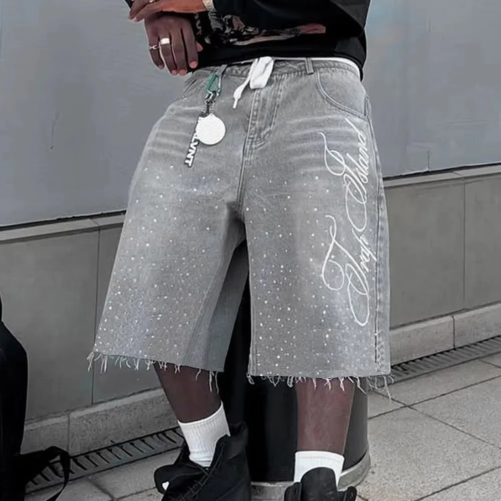 Fashion Men Summer Casual Denim Shorts Y2K Vintage Letter Embroidered Shiny Rhinestone Decor Wide Leg Straight Pants Denim Short