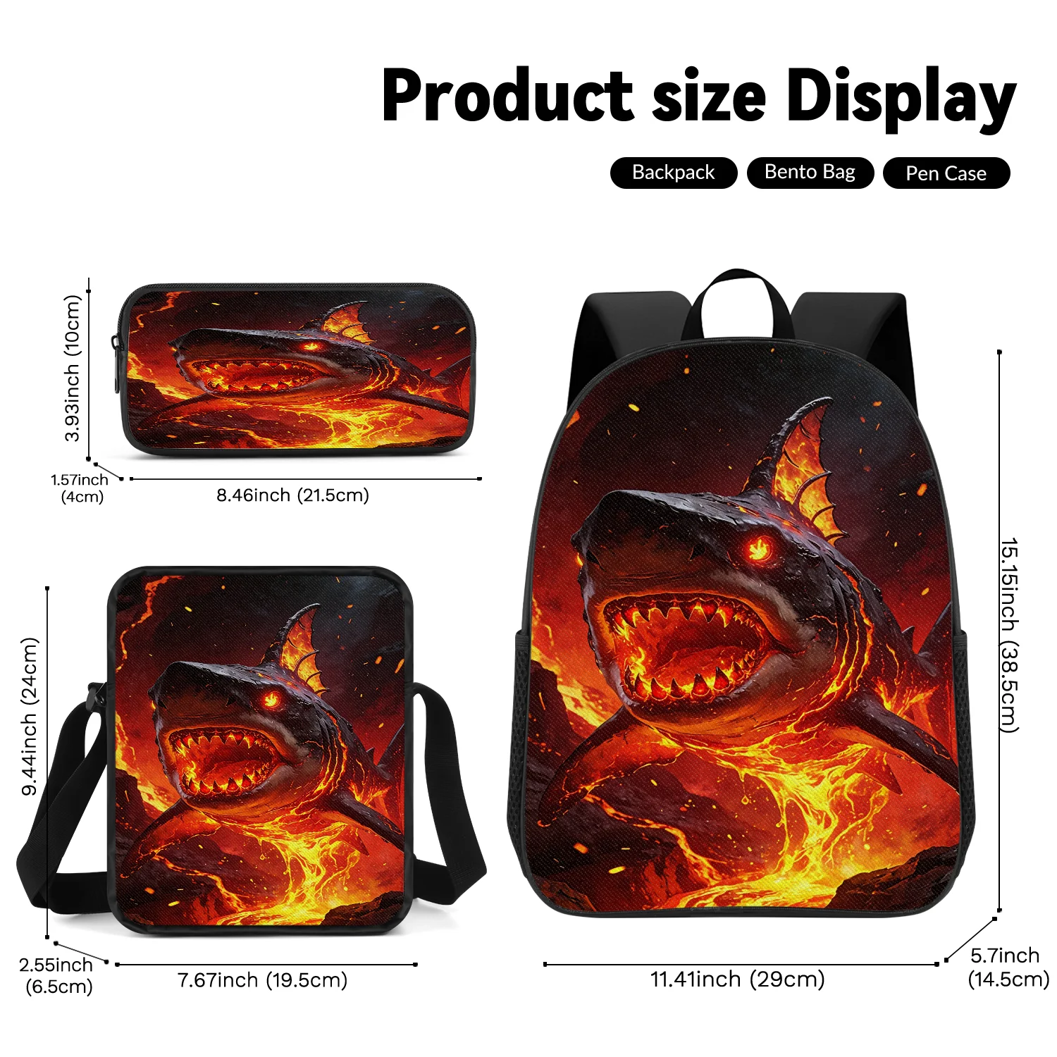 3-Piece Fire Shark Print Backpack Set, Includes Backpack, Crossbody Bag and Pencil Case, Lightweight Unisex