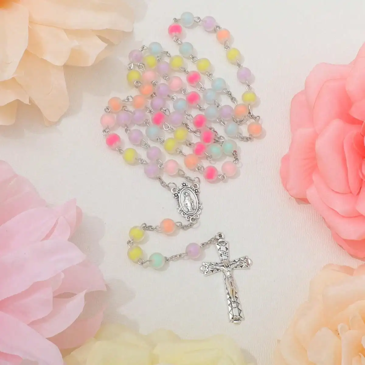 1 قطعة الحلوى متجمد الخرز يدوية الصليب قلادة الوردية المعمودية هدية مريم العذراء يسوع الصليب قلادة #1