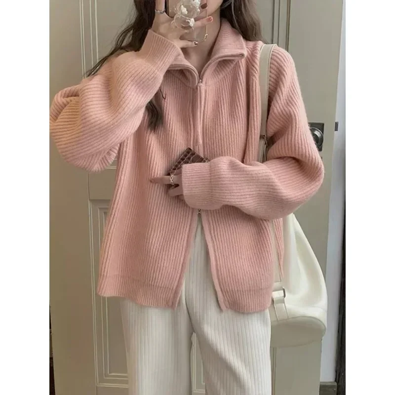 Autumn Sweater Women Retro Korean Flavor Y2k Elegant Tops Korean Zip-up Knit Cardigan Loose Thickened Outerwear Streetwear