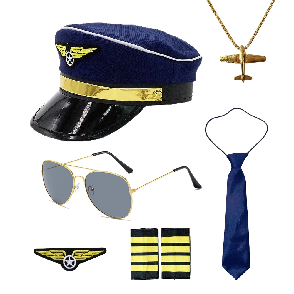Verstelbare pilotenhoed voor kinderen Festivalfeest Rollenspel Kapiteinhoed Bril Stropdas Badge Cosplay Accessoires Set Rekwisieten