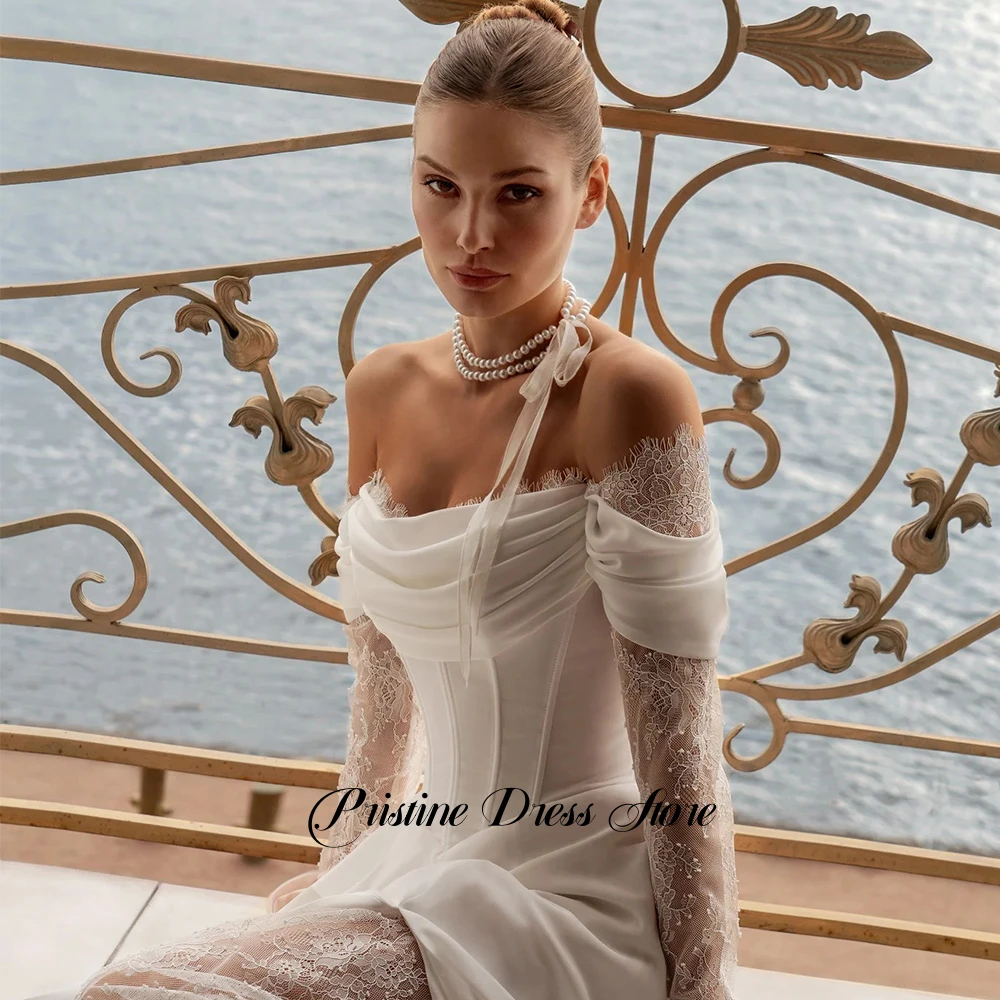 فستان زفاف شيفون ساحر بدون حمالات طيات مخصصة دانتيل قبالة الكتف فساتين الزفاف مع فتحة جانبية وقطار الاجتياح