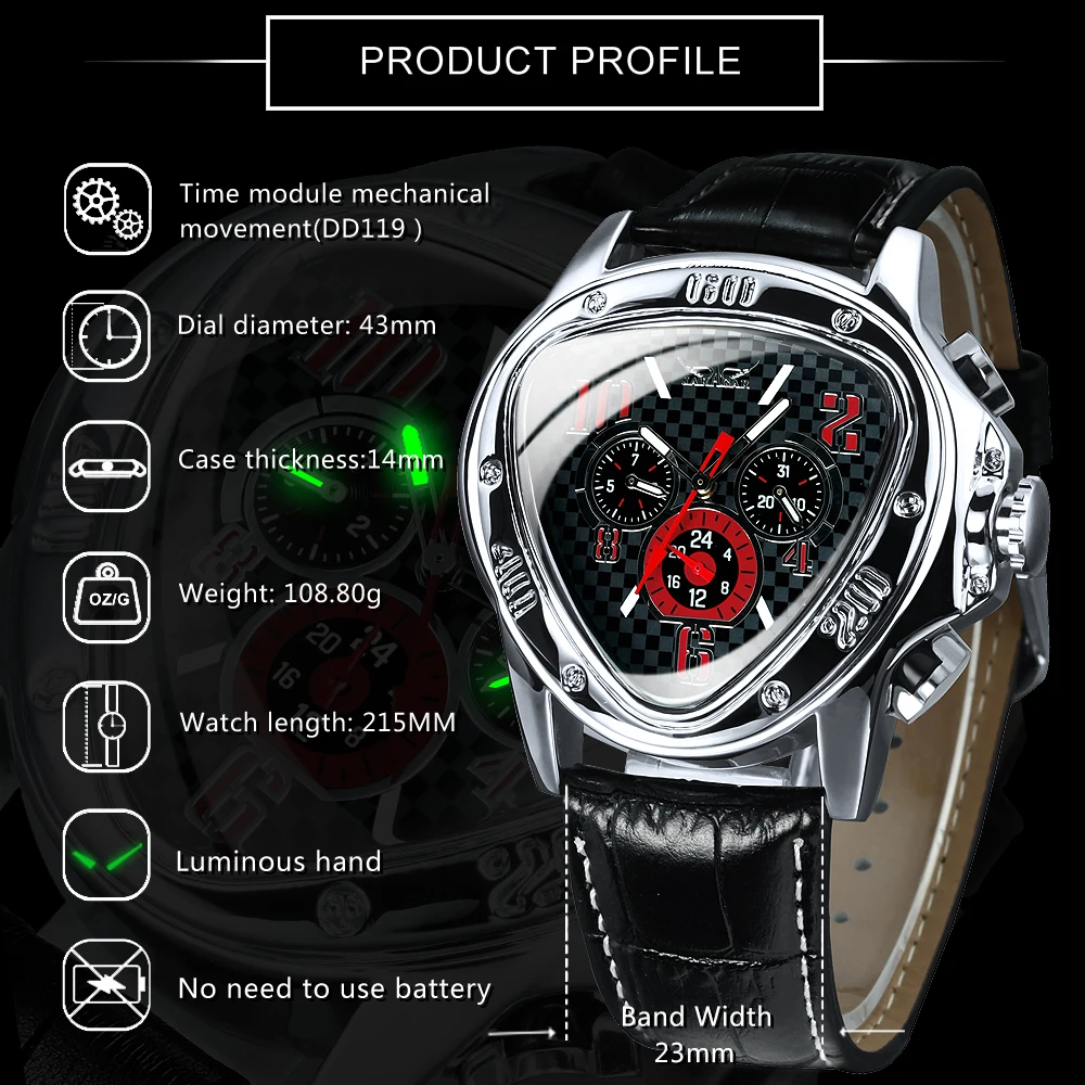 Jaragar Triangle Sports Watches for Men Multifunction Racing Pilot Automatic Watch Luxury Brand Leather Belt Luminous Male Clock