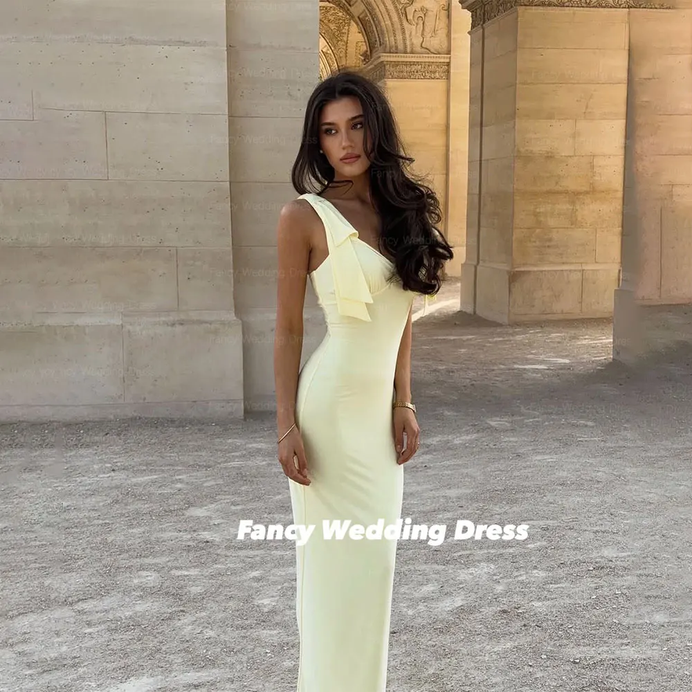 

Fancy Elegant One Shoulder Evening Dress Saudi Arabia Mermaid Light Yellow Prom Gown Elastic Satin فساتين سهرة Customized